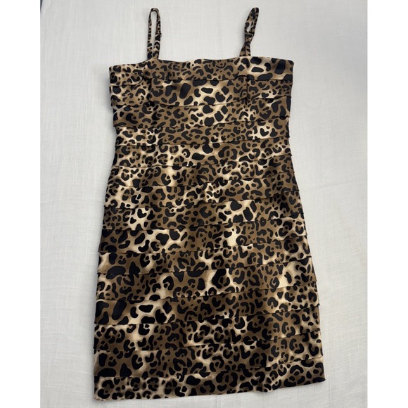 Y2K Women 12 Slip Dress Animal Print Leopard Strapy Tiered Satin Festival Exotic - Picture 8 of 14